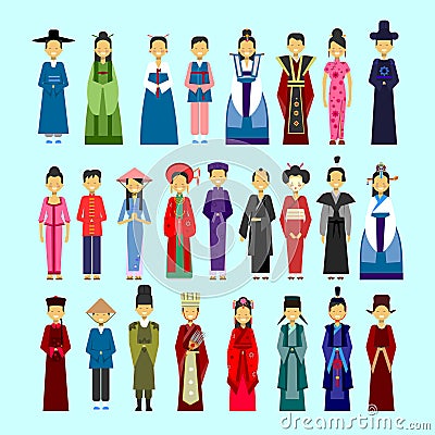 Set Of People In Traditional Asian Clothing, Male And Female National Costumes Collection Concept Vector Illustration