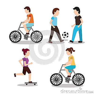 Set people various activities rider bicycle playing ball and skater scene Vector Illustration