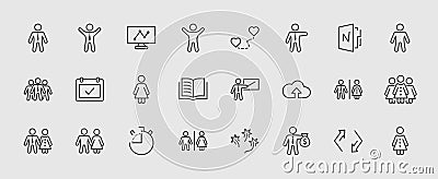 Set of people vector line icons. It contains the symbols of a man, a woman, a family, a toilet, a businessman, a teacher Vector Illustration