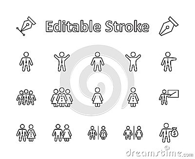 Set of people vector line icons. It contains the symbols of a man, a woman, a family, a toilet, a businessman, a teacher Vector Illustration