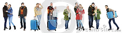 Set with people in warm clothes and suitcases on white background Stock Photo