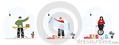 Set with people washing and ironing clothes in the laundry room with washing machine, clothes, towels, family household concept, Vector Illustration