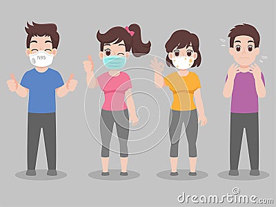 Set of people wearing face mask with different types of face mask for prevent virus Vector Illustration