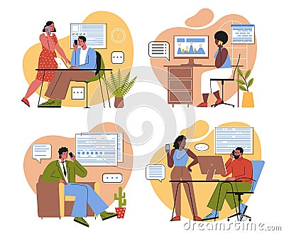 Set of people during work calls Vector Illustration