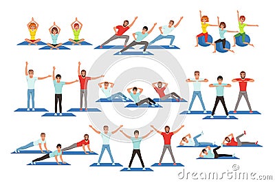 Set of people working out in gym. Young girls and guys doing exercises. Physical activity. Healthy lifestyle. Men and Vector Illustration