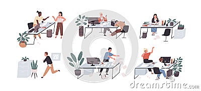 Set of people working and relaxing in chaos and mess. Office workers conflicting, sleeping and hurrying. Men and women Vector Illustration