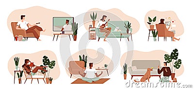 Set of people's home activities. Scenes with hobbies and hobbies. Watching TV, playing the ukulele, reading books Vector Illustration