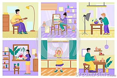 Set of peoples free time activities and hobbies flat cartoon vector illustration. Vector Illustration