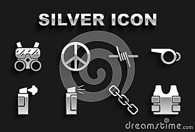 Set Pepper spray, Whistle, Bulletproof vest, Chain link, Barbed wire, Gas mask and Peace icon. Vector Vector Illustration