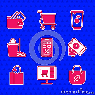 Set Percent discount and mobile, Shopping cart on computer, bag with recycle, POS terminal, Paper bread loaf, Mop bucket Vector Illustration