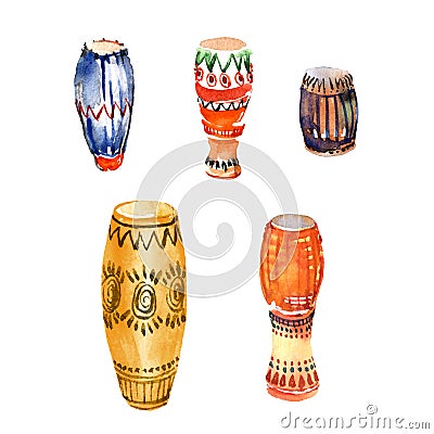 Set of percussion music instruments, african drums, djembe, conga, with traditional ornaments Cartoon Illustration