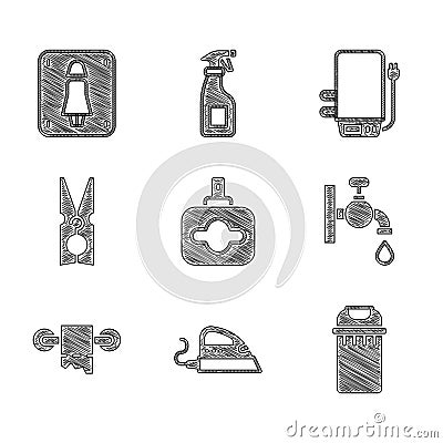 Set Perfume, Electric iron, Trash can, Water tap, Toilet paper roll, Clothes pin, boiler and Female toilet icon. Vector Vector Illustration