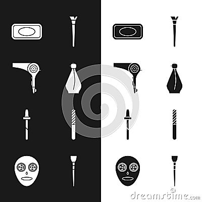 Set Perfume, Hair dryer, Bar of soap, Makeup brush, Pipette, Nail file, and Facial cosmetic mask icon. Vector Stock Photo