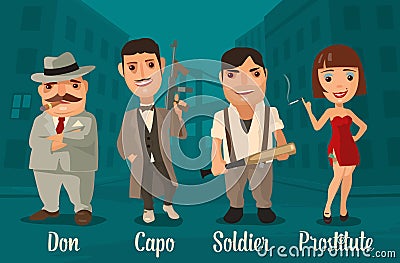 Set person Mafia. Don, capo, soldier, prostitute. Vector Illustration