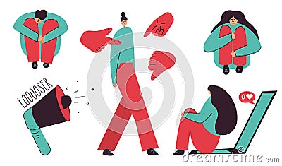 Set personages have got not good emotional health by reason of dislike, hurtful words. Vector illustration STOP Vector Illustration