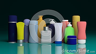 Set of personal care products on blue green table. 3d illustration Cartoon Illustration