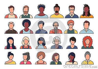 Set of persons, avatars, people heads of different ethnicity and age in flat style. Multi nationality social networks Vector Illustration