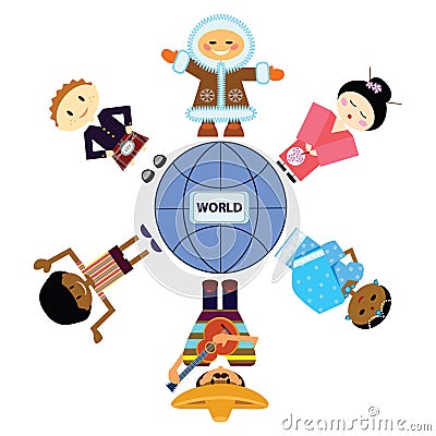 Set of persons different nationality around planet Vector Illustration