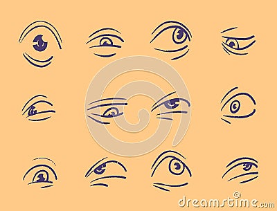 Set of persons eyes express various human feelings. Sad, unhappy, angry, terrified and fear emotions, different Vector Illustration
