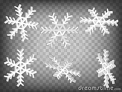 Set of perspective projections 3d Snowflake model icons on transparent background. 3d Snowflake icon Vector Illustration
