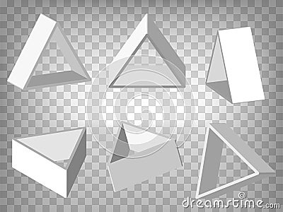Set of perspective projections 3d Triangle prisms model icons on transparent background. 3d hollow Triangle prism. Abstract con Vector Illustration