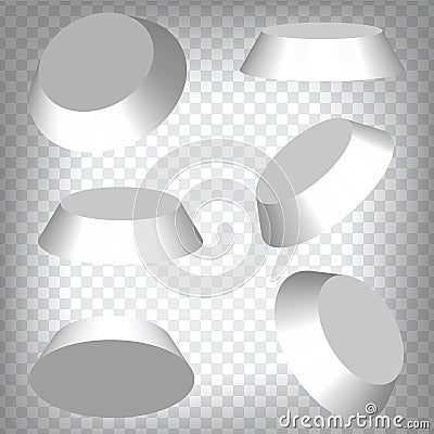 Set of perspective projections 3d truncated cones model icons on transparent background. 3d round plates. Vector Illustration