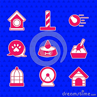 Set Pet food bowl for cat or dog, Hamster wheel, Dog house, Cat litter tray with shovel, Cage birds, Paw print, toys Stock Photo