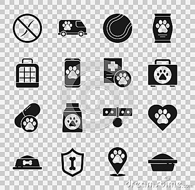 Set Pet food bowl, Heart with animals footprint, first aid kit, Tennis ball, Veterinary clinic, carry case, Anti worms Vector Illustration