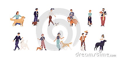 Set of pet owners with purebred dogs. Happy people with canine winner's golden cups and medals. Men and women with Vector Illustration