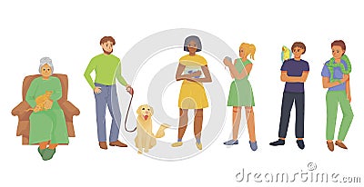 Set of pets and their owners. happy pet owners. pet store concept. domestic cats, rats, parrots, snakes, fish and dogs. Vector Illustration