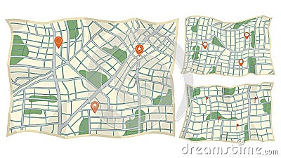 Set pf paper map with red points. Local street gps navigate. City route navigation to marker. Geography distance plan Vector Illustration