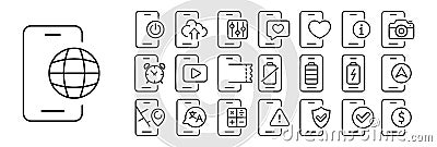 Set of phone with applications icons. Variety of applications and features found on mobile phones, including messaging, social Vector Illustration