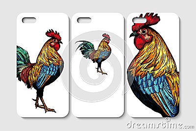 Set of phone case design. Abstract rooster backgrounds. Vector Illustration