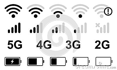 Set of phone interface icons. Mobile status bar. Level of signal on mobile phone. Status battery. Vector Illustration