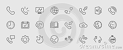 Set of phone vector line icons. It contains the symbols of incoming, outgoing, missed calls, global call and round the Vector Illustration