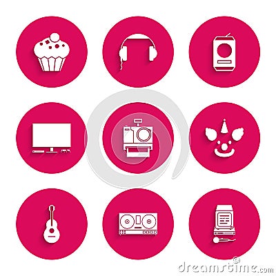 Set Photo camera, DJ remote for playing and mixing music, Karaoke, Clown head, Guitar, Video game console, Beer can and Stock Photo