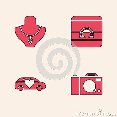 Set Photo camera, Necklace on mannequin, Wedding rings and Limousine car icon. Vector Vector Illustration