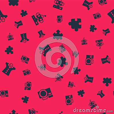 Set Photo camera, Robot toy, Toy puppet doll on hand and Puzzle pieces on seamless pattern. Vector Vector Illustration