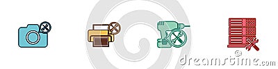 Set Photo camera service, Printer, Drill machine and Database server icon. Vector Vector Illustration