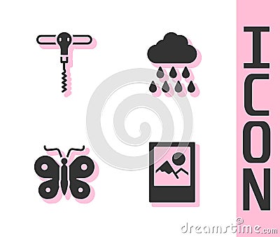 Set Photo frame, Wine corkscrew, Butterfly and Cloud with rain icon. Vector Vector Illustration