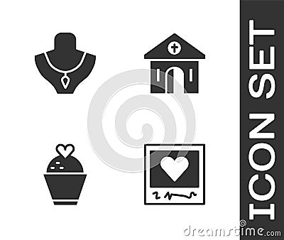 Set Photo frames and hearts, Necklace on mannequin, Wedding cake with and Church building icon. Vector Stock Photo