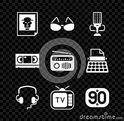 Set Photo, Glasses, Microphone, Headphones, Retro tv, 90s, VHS video cassette tape and Radio with antenna icon. Vector Vector Illustration