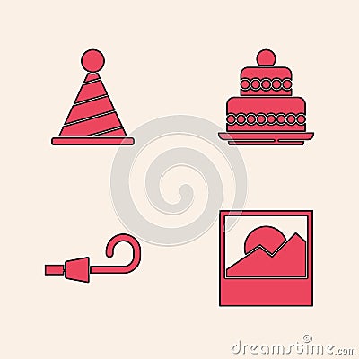 Set Photo, Party hat, Cake and Birthday party horn icon. Vector Vector Illustration