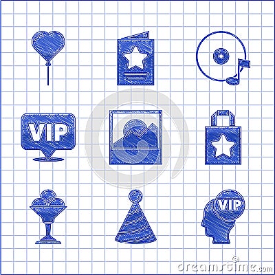 Set Photo, Party hat, Vip inside head, Paper shopping bag, Ice cream bowl, Location, Vinyl disk and Balloon form of Vector Illustration