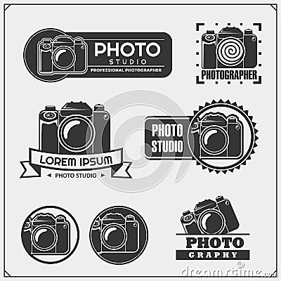 Set of photo studio and photo scool emblems, labels and design elements. Vector Illustration