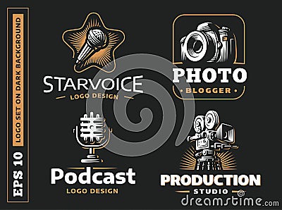 Set photo, vdeo, audio logo - vector illustration, emblem on black background Vector Illustration