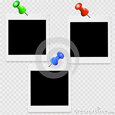 Set of photoframes with white contour and colour clips on a transparent background Vector Illustration