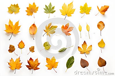 Set of photos of leaves, autumn, various types of leaves, white background, many colors, dry leaves.Generative AI Stock Photo