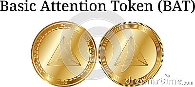 Set of physical golden coin Basic Attention Token BAT, digital cryptocurrency. Basic Attention Token BAT icon set. Vector Illustration