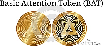 Set of physical golden coin Basic Attention Token BAT, digital cryptocurrency. Basic Attention Token BAT icon set. Vector Illustration